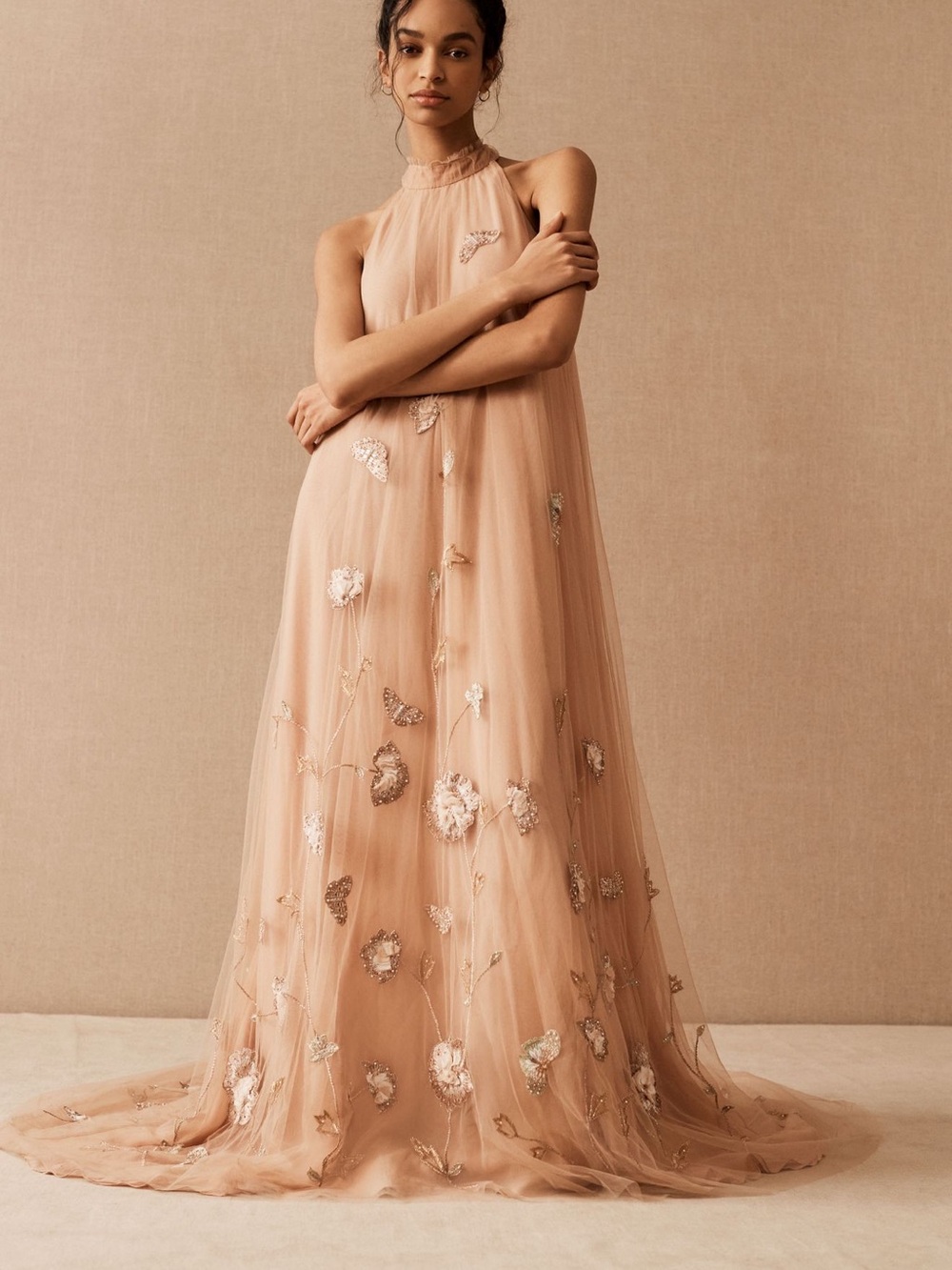 BHLDN Blush Embroidered Tulle Halter Maxi Dress